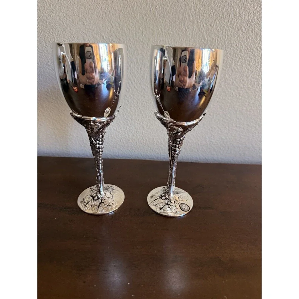 Godinger Silver Tone Wine Goblets Grape Vine Motif On Stems Set Of 2